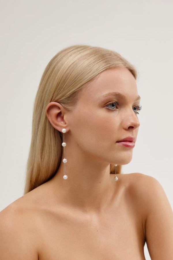 Girl Wearing Imogen- Long Pearl Chain Wedding Earrings - Silver