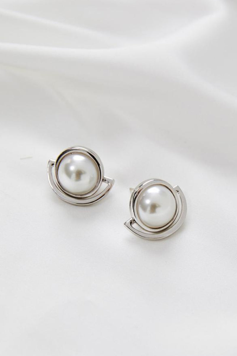 Florence Elegant Pearl Stud Wedding Earrings- Silver