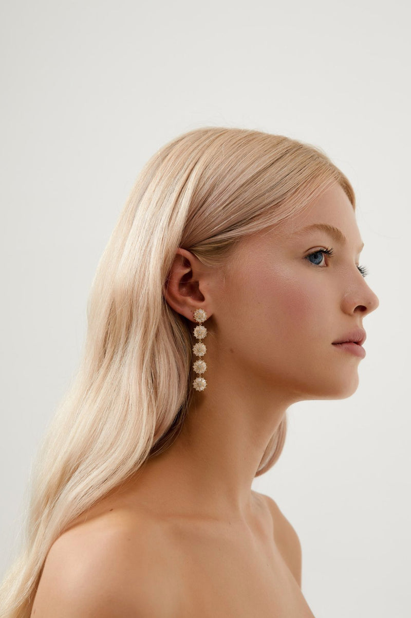 Girl Wearing Zoey Bridal Floral Earrings - Gold
