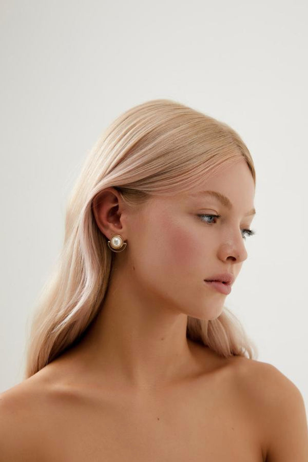 Girl wearing Florence Elegant Pearl Stud Wedding Earrings- Gold