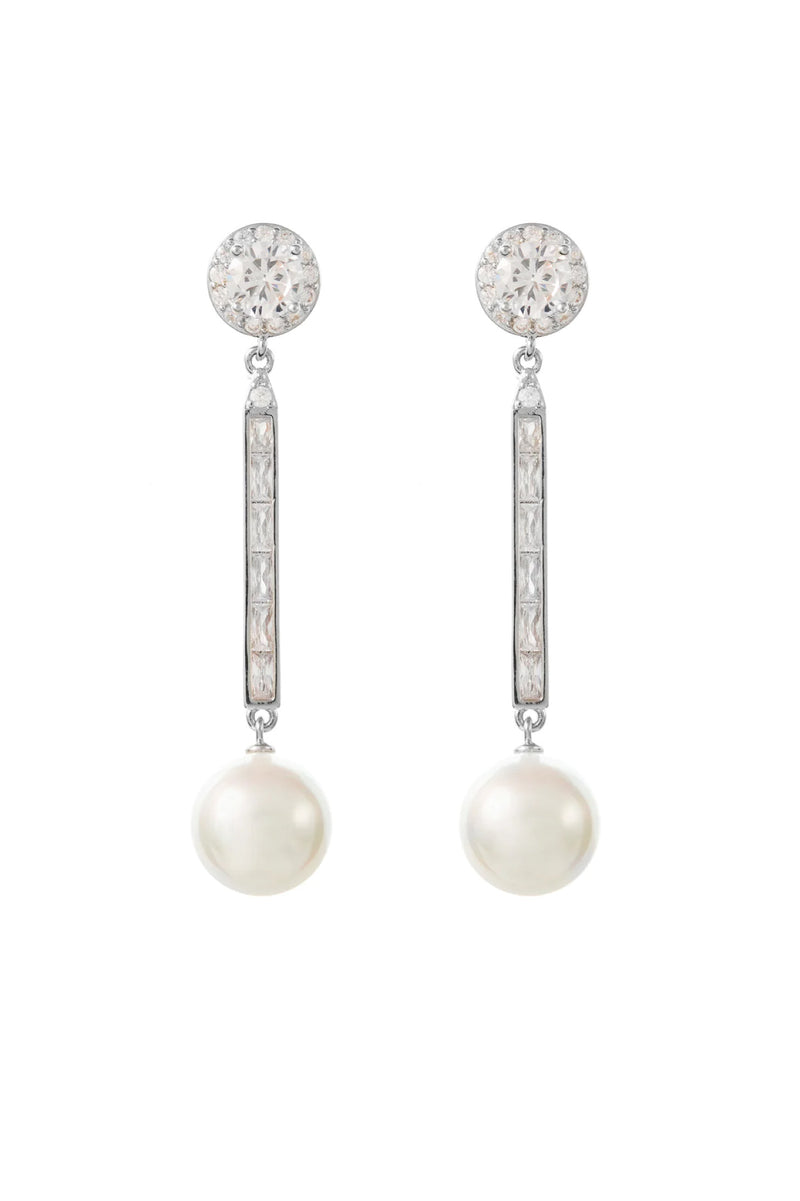 ADA - Crystal and Pearl Art Deco Wedding Earrings - Silver Front View