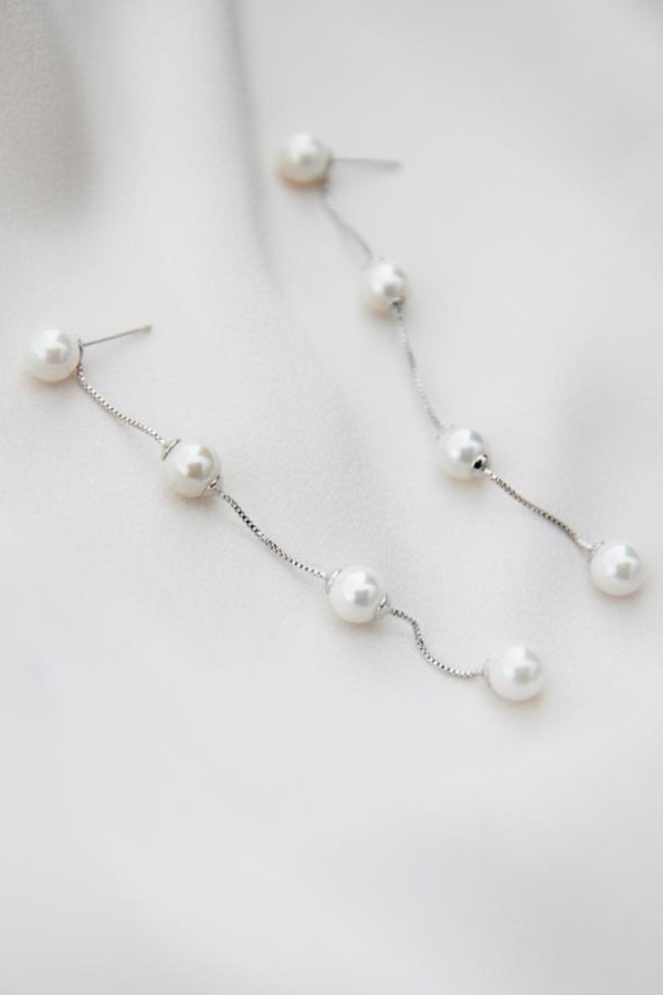 Imogen- Long Pearl Chain Wedding Earrings - Silver