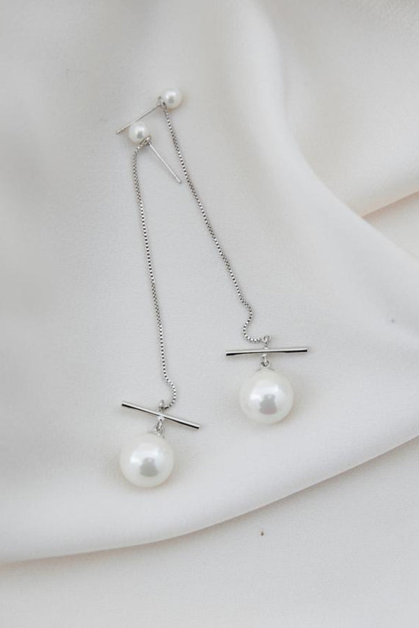 Isla - Long Pearl Wedding Earrings - Silver
