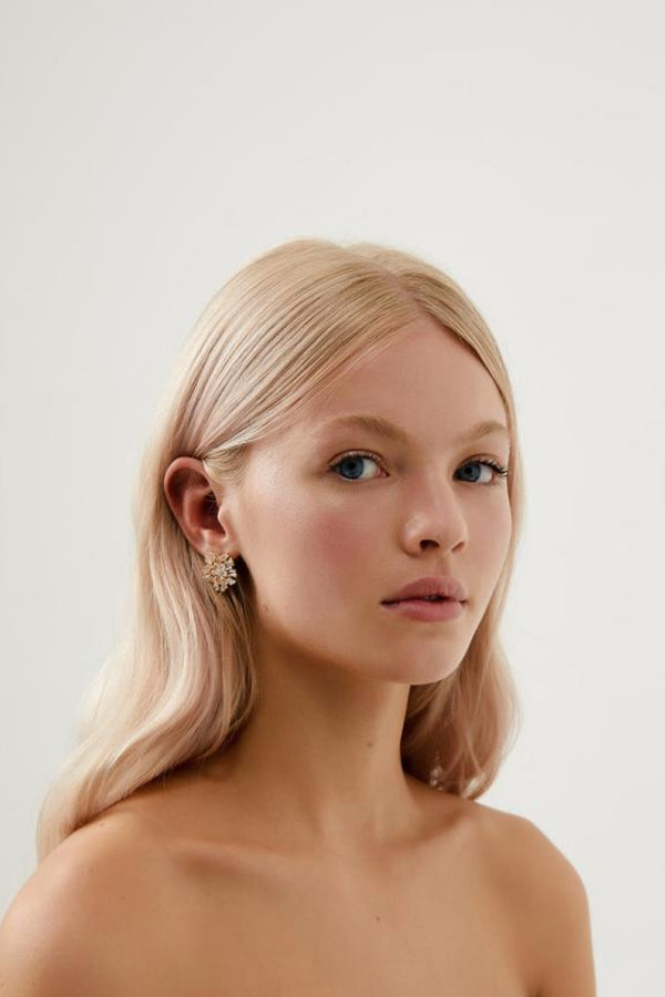 Girl Wearing Kate Crystal Stud Wedding Earrings- Gold