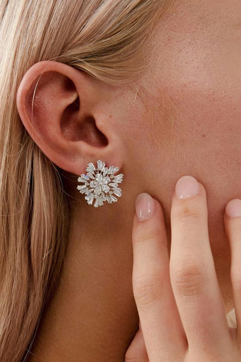 Closeup view of Kate Crystal Stud Wedding Earrings- Silver
