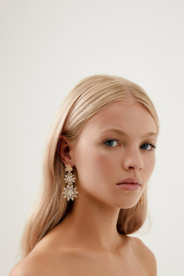 Girl Wearing Kendra Statement Crystal Bridal Earrings- Gold