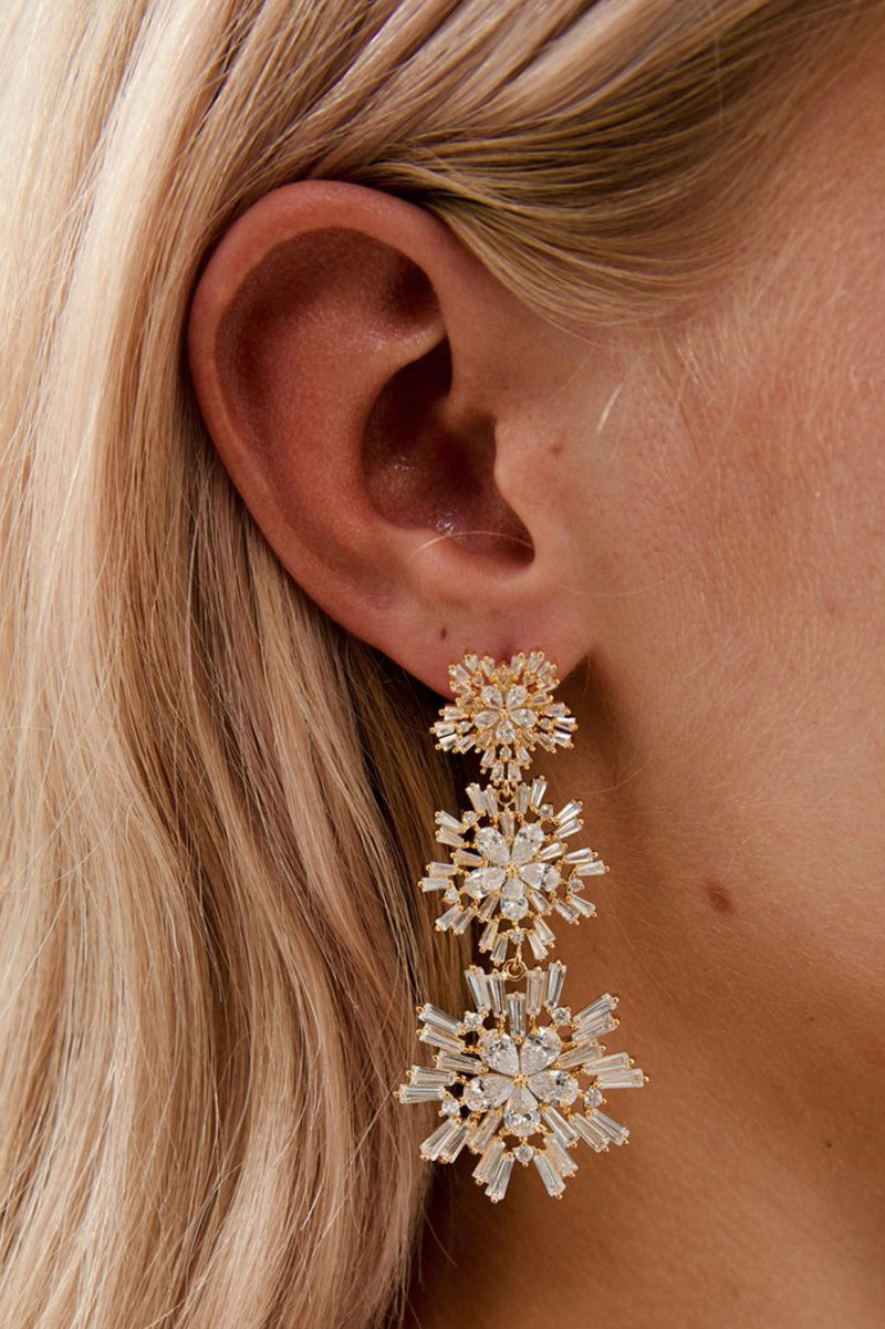 Closeup view of Kendra Statement Crystal Bridal Earrings- Gold