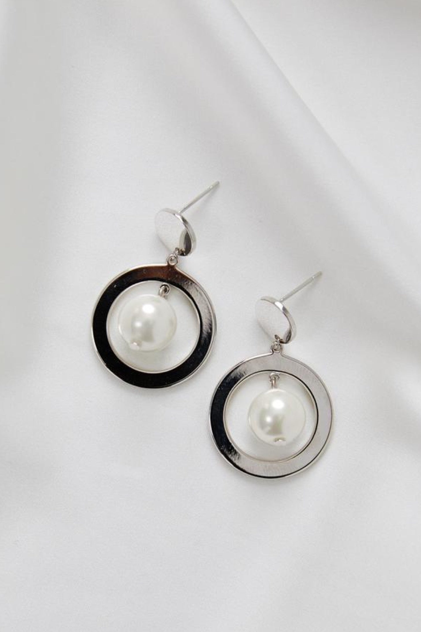 Luna - Modern Pearl in Hoop Wedding Earrings - Silver