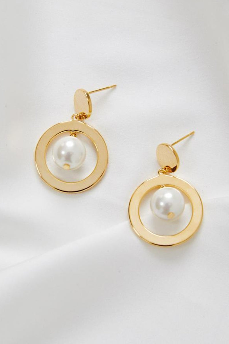 Luna - Modern Pearl in Hoop Wedding Earrings - Gold