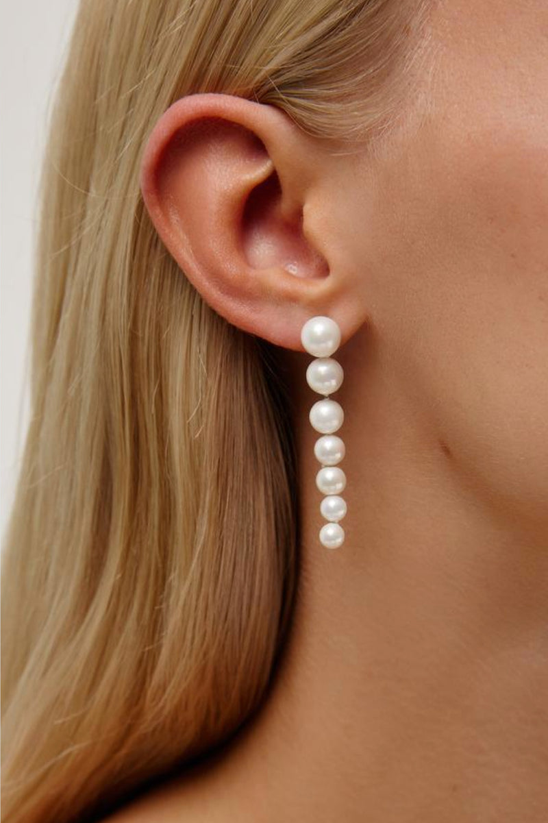 Madeline - Pearl Chain Wedding Earrings - Silver Closeup View