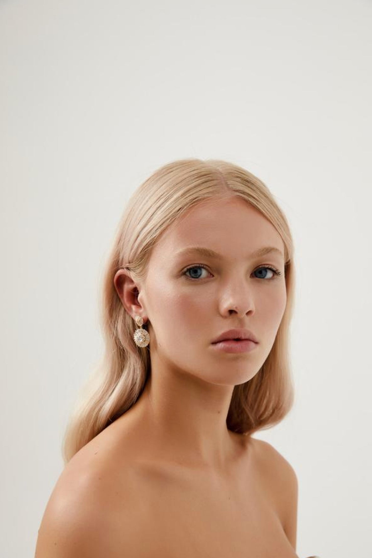 Girl Wearing Natalia Diamond Drop Bridal Earrings- Gold