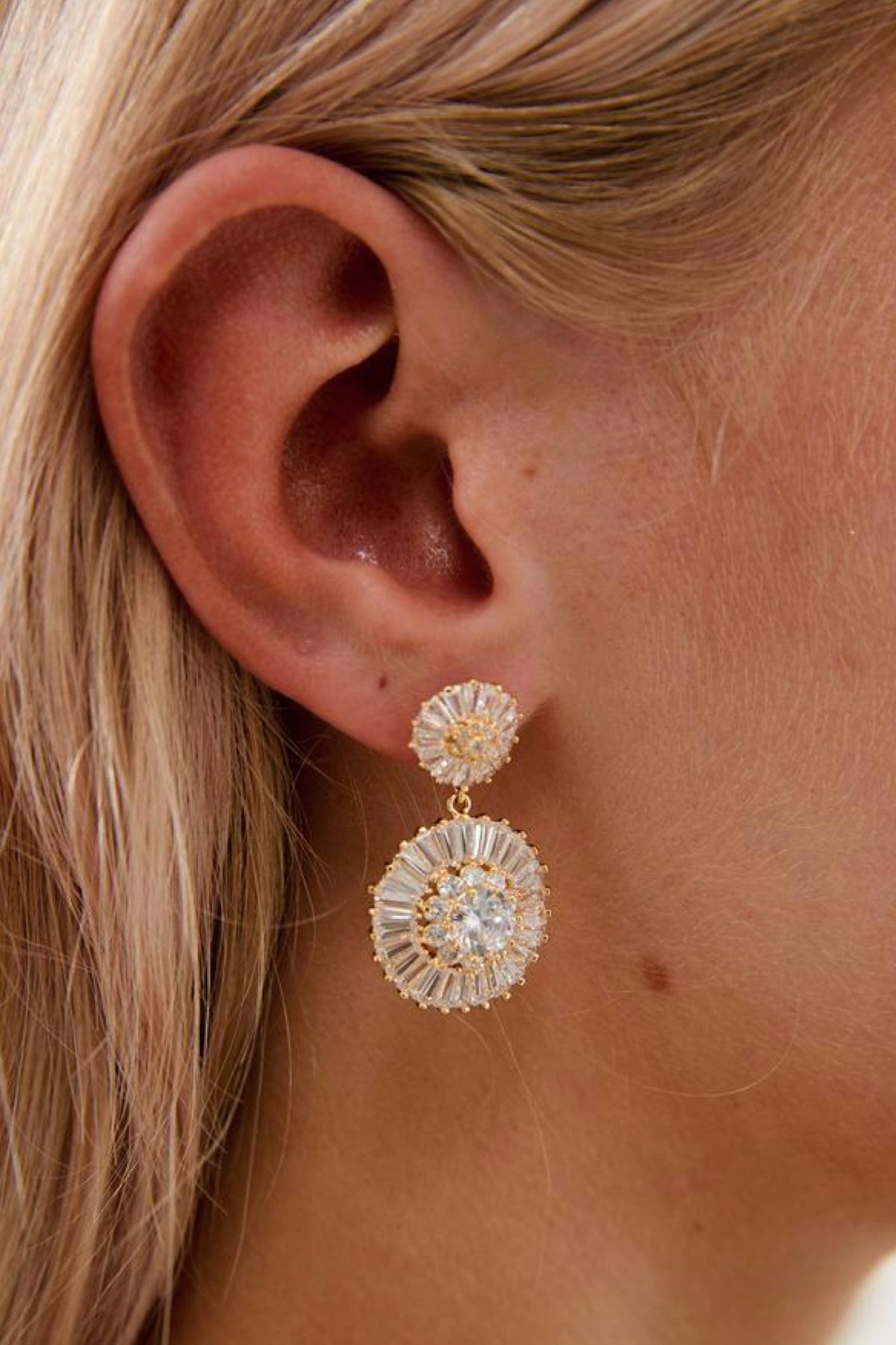 Natalia Diamond Drop Bridal Earrings- Gold Closeup view