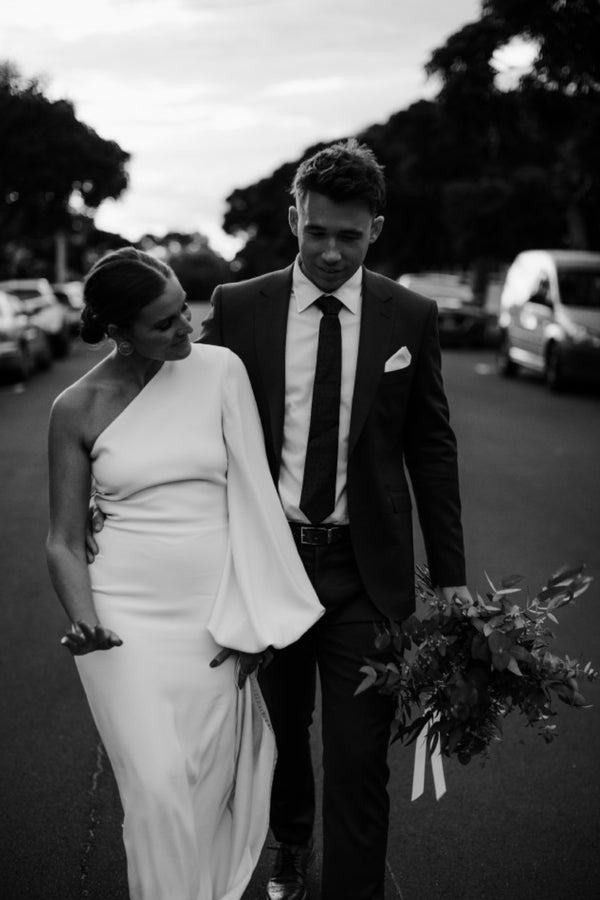 One-Shoulder Stretch-Cady Gown in White