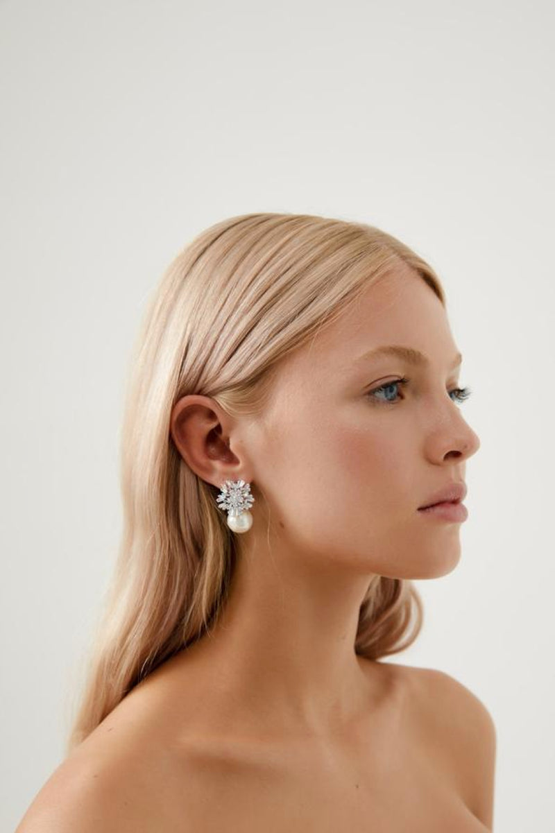 Girl Wearing St Clair Diamond & Pearl Drop Wedding Earrings- Silver