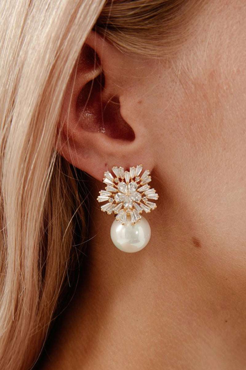 St Clair Diamond & Pearl Drop Wedding Earrings- Gold Closeup View