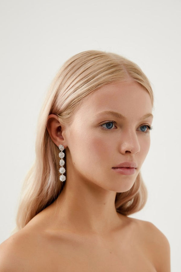 Girl Wearing Zoey Bridal Floral Earrings - Silver