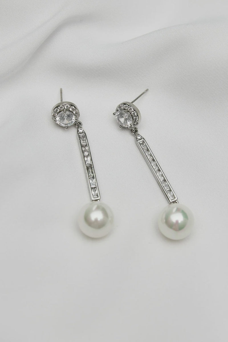 ADA - Crystal and Pearl Art Deco Wedding Earrings - Silver